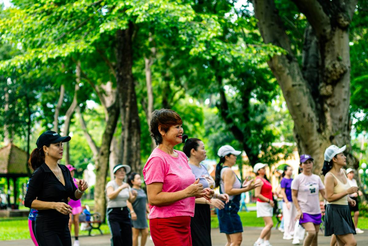 Outdoor senior group fitness session in a park with seniors doing seated stretches on folding chairs under shade trees